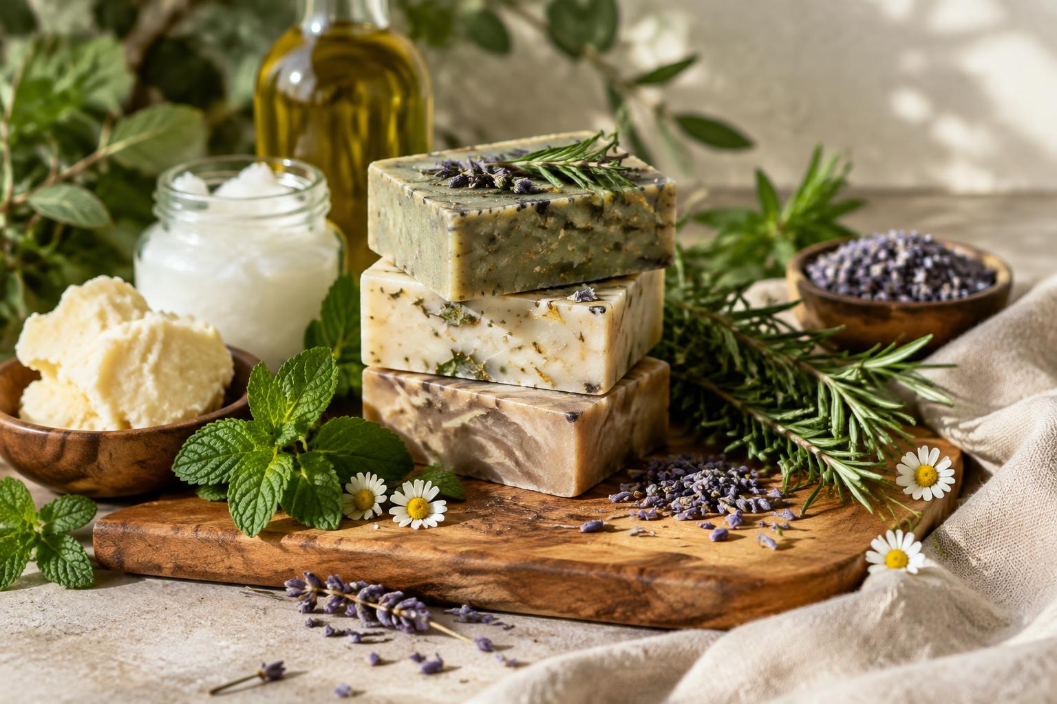 Handmade botanical soap bars with shea butter, coconut oil, olive oil, herbs and flowers on a wooden board