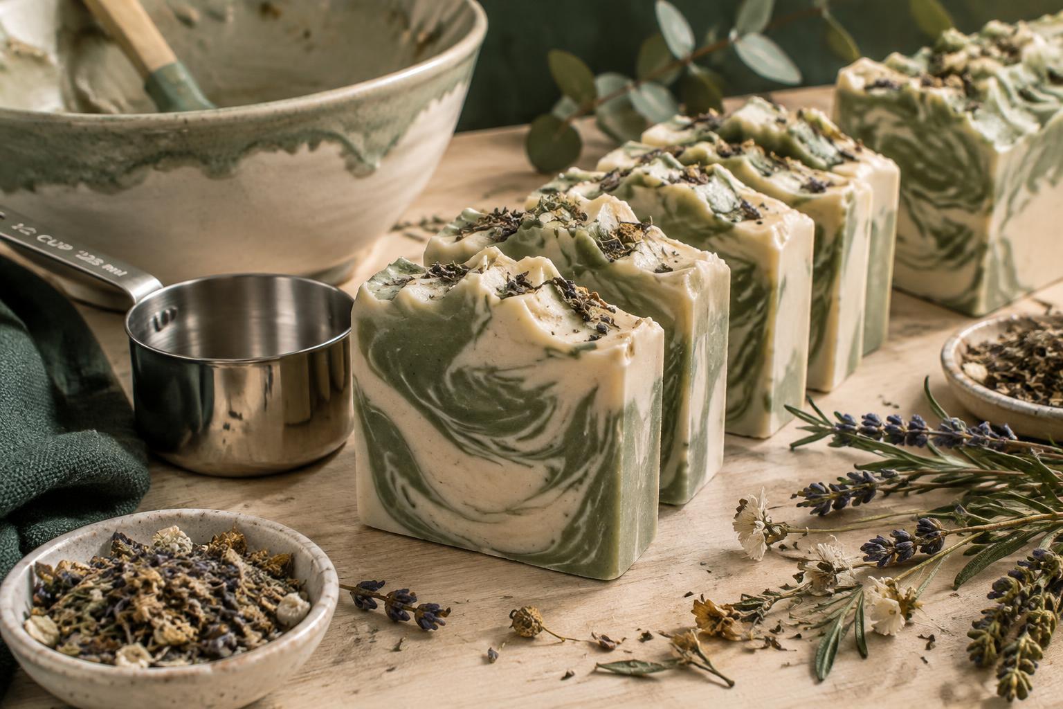 Sliced loaf of handmade soap with cut bars, a measuring cup and mixing bowl